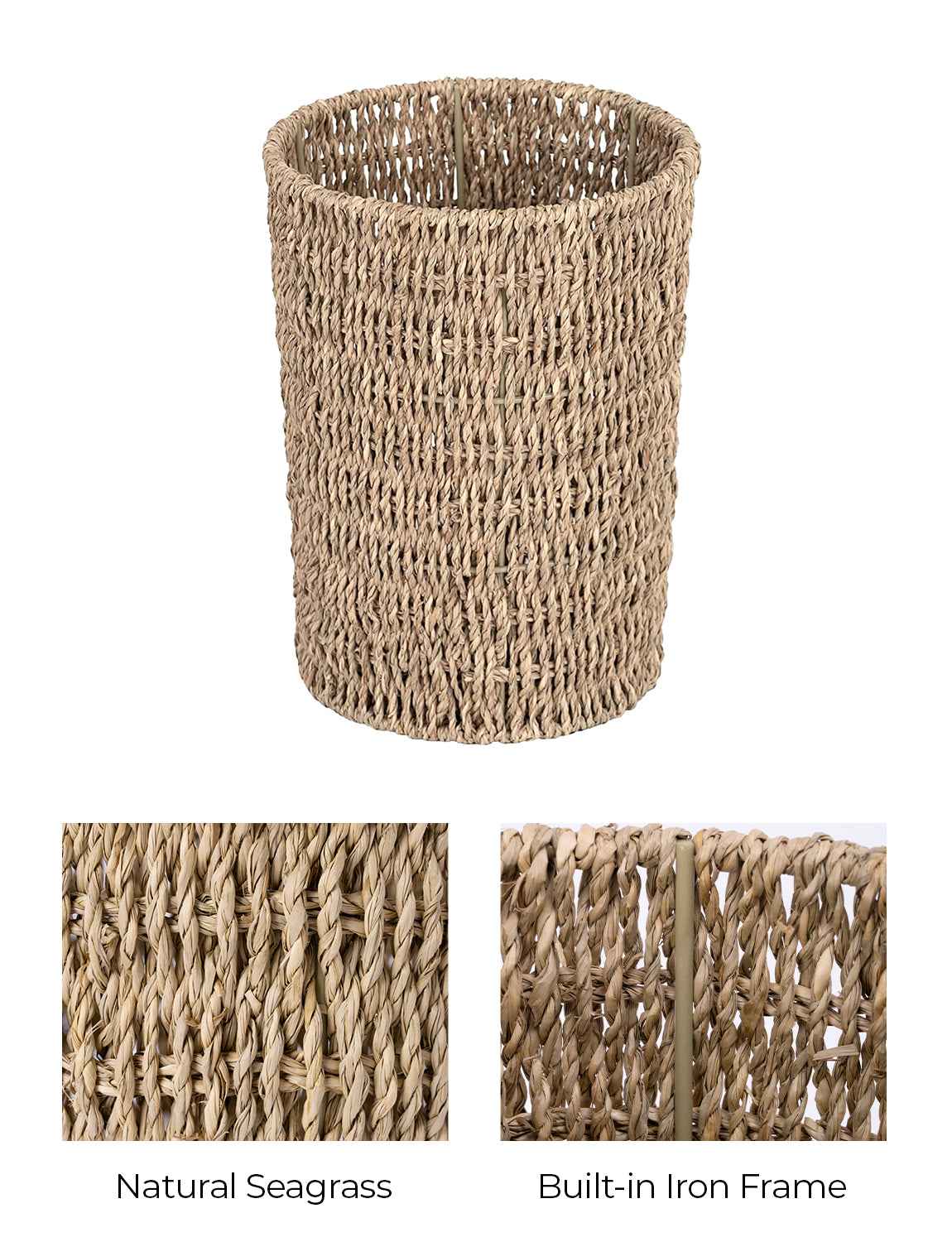 Wicker Garbage Can for Bedroom and Bathroom, Seagrass