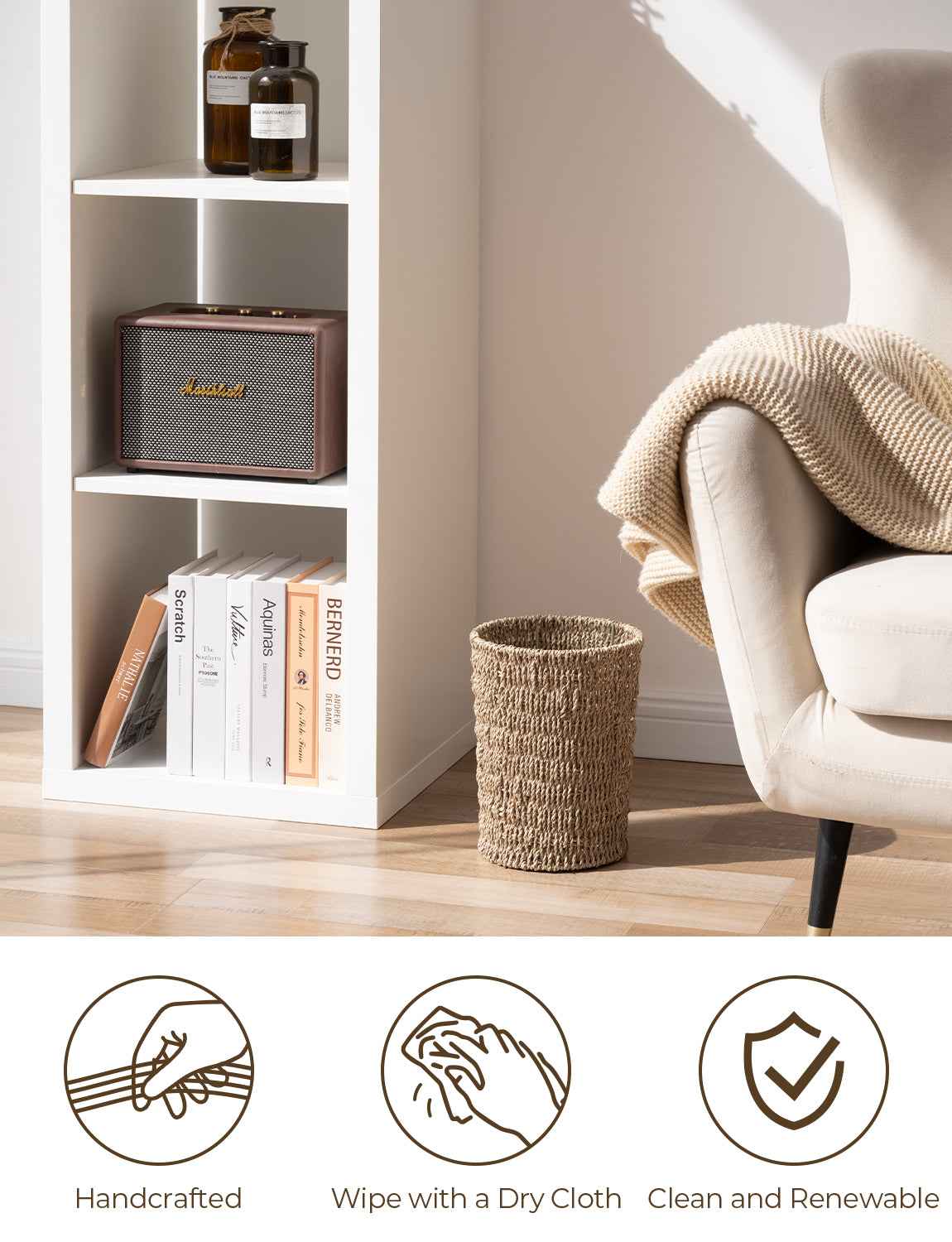 Wicker Garbage Can for Bedroom and Bathroom, Seagrass