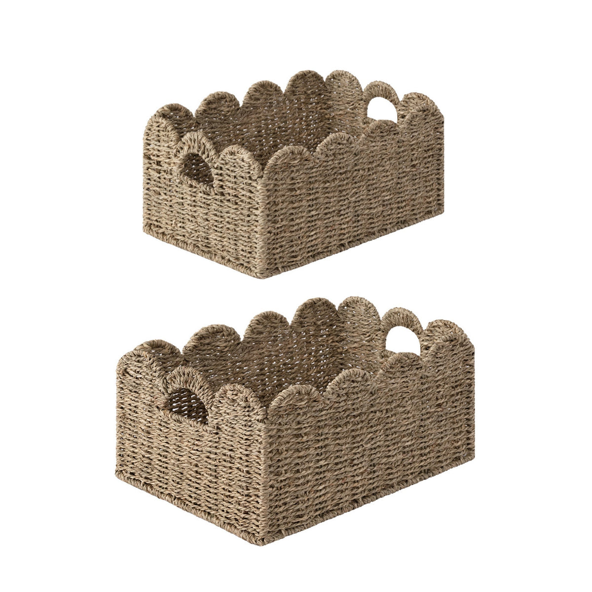 Handwoven Seagrass Scalloped Baskets with Built-in Handles, Set of 2