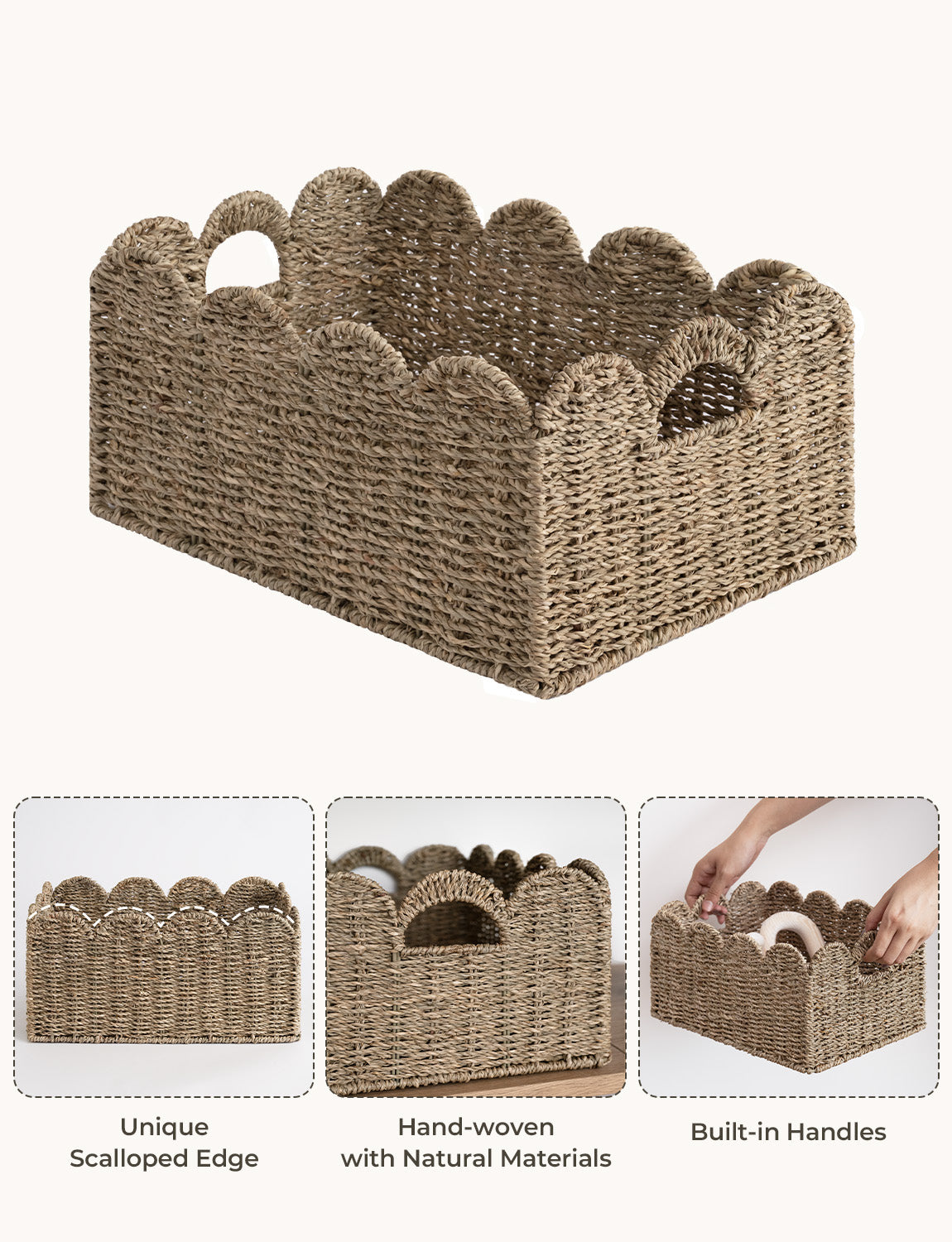 Handwoven Seagrass Scalloped Baskets with Built-in Handles, Set of 2