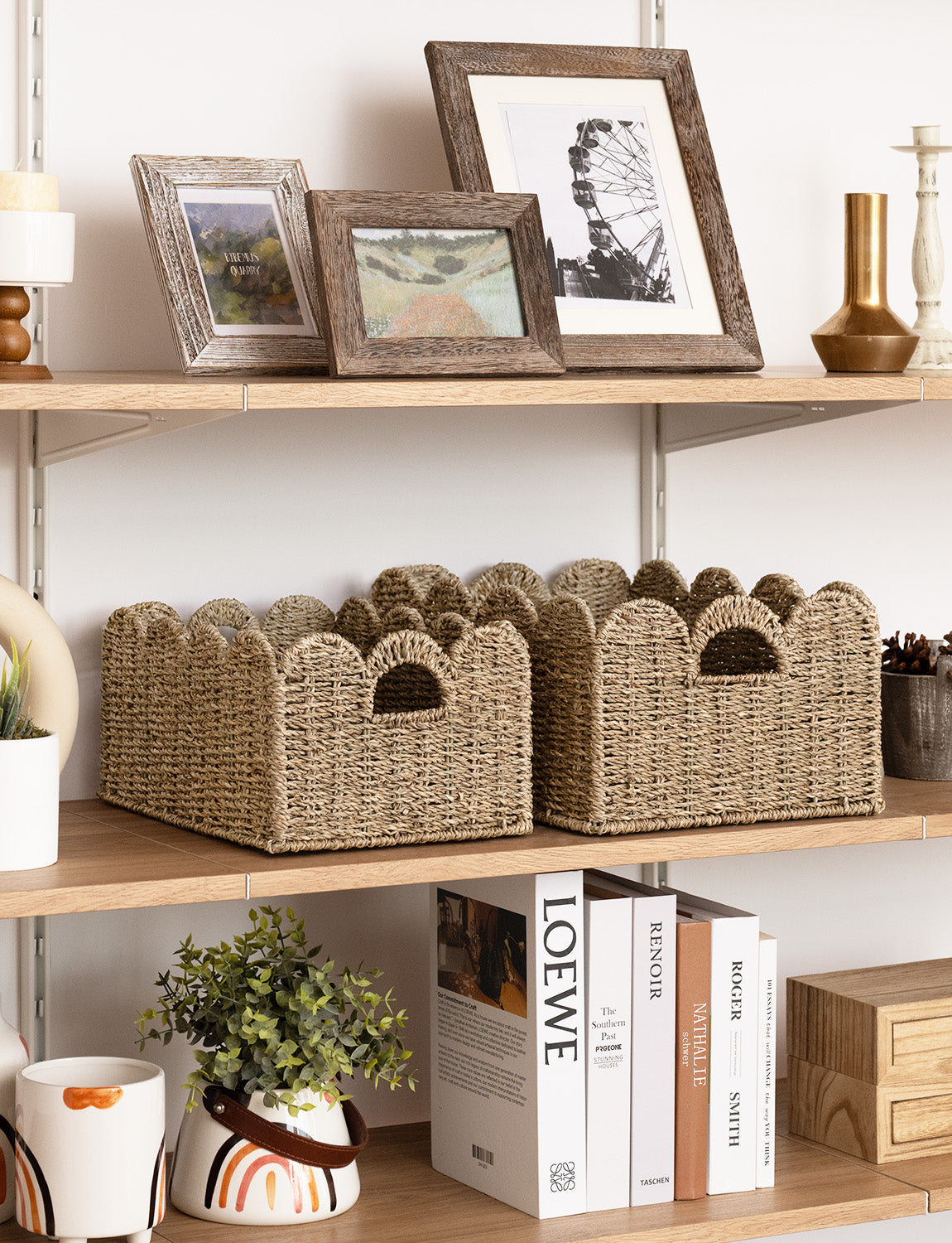 Handwoven Seagrass Scalloped Baskets with Built-in Handles, Set of 2