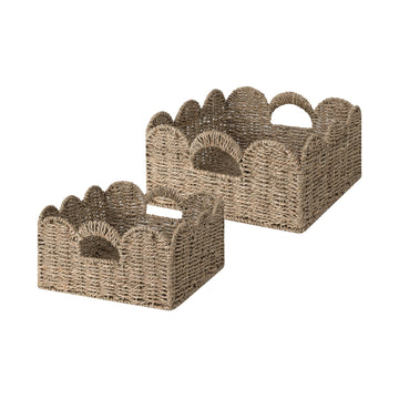 Handwoven Seagrass Scalloped Baskets with Built-in Handles, Set of 2
