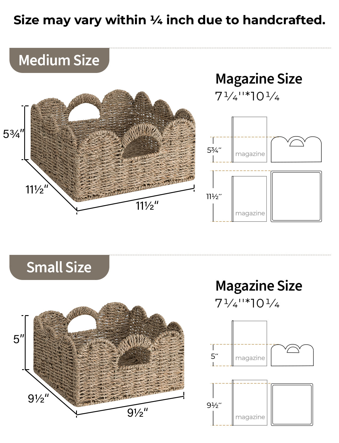 Handwoven Seagrass Scalloped Baskets with Built-in Handles, Set of 2