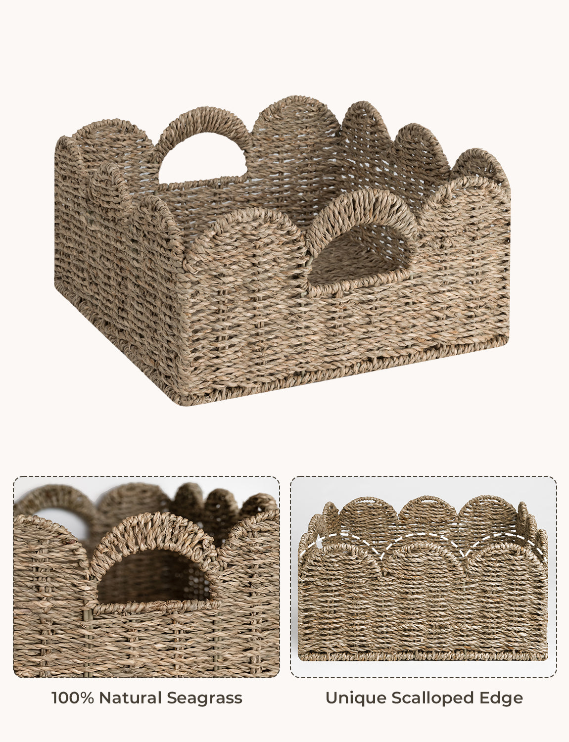 Handwoven Seagrass Scalloped Baskets with Built-in Handles, Set of 2