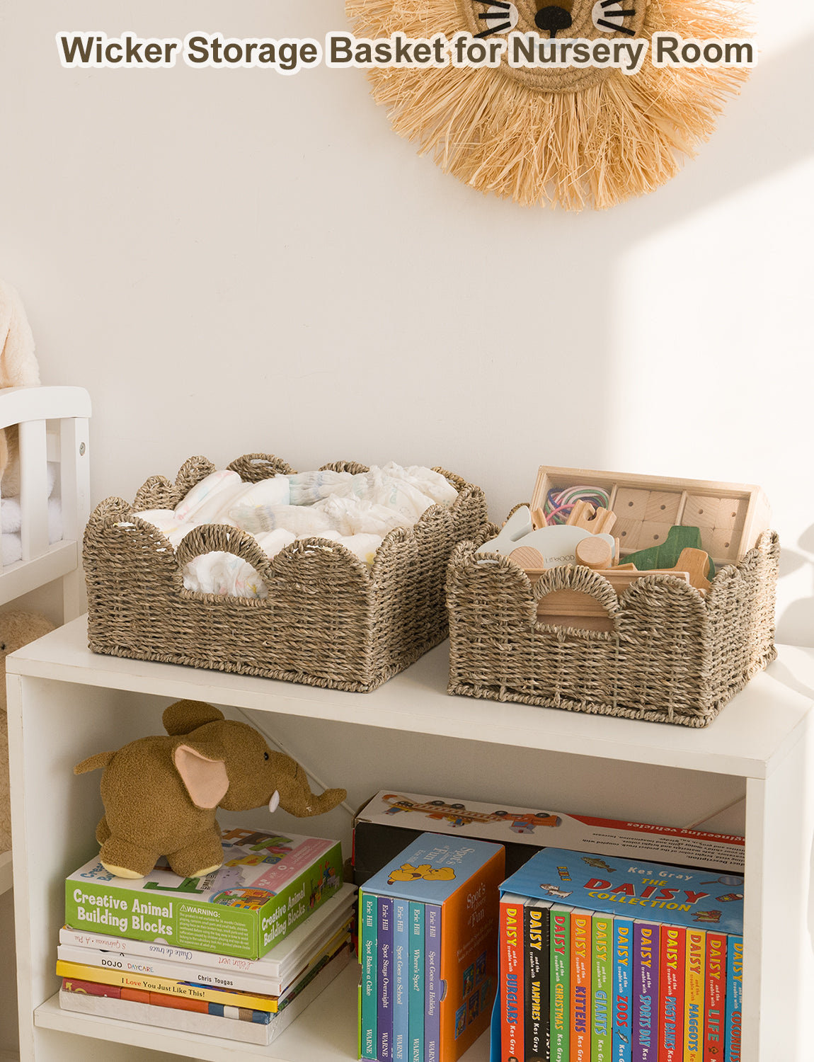 Handwoven Seagrass Scalloped Baskets with Built-in Handles, Set of 2