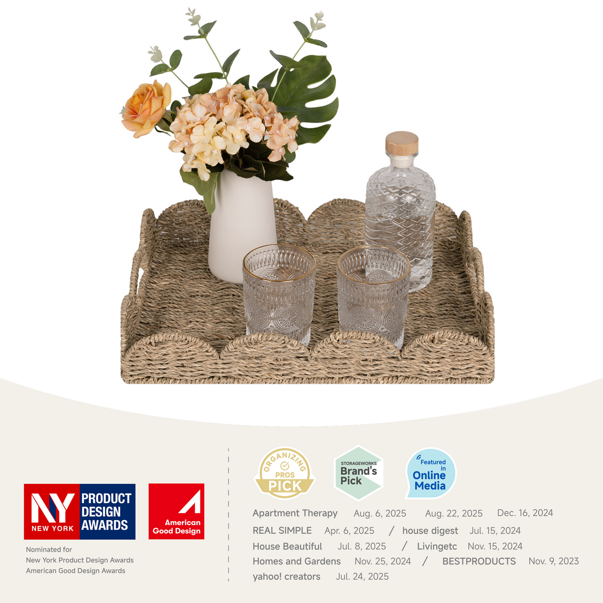 Seagrass Scalloped Tray with Handles, Rectangular