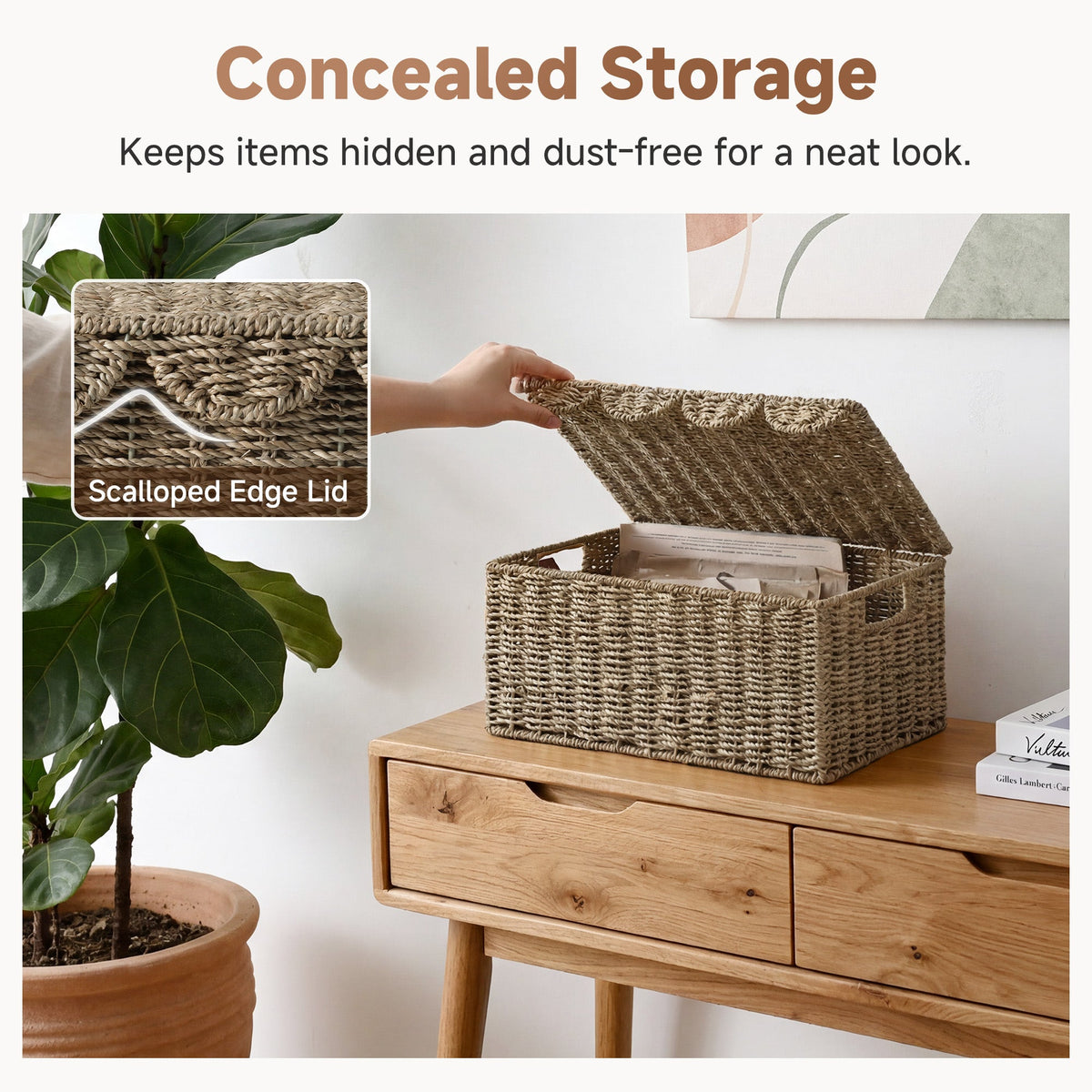 Seagrass Basket with Scalloped Lid and Built-in Handles