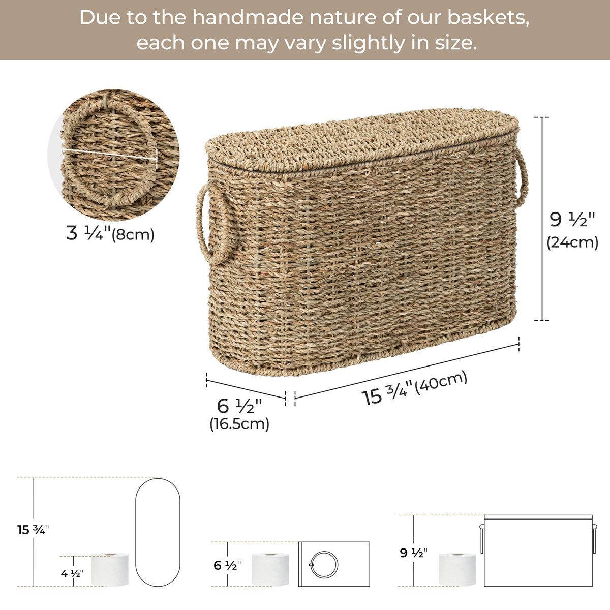 Toilet Paper Storage with Lid for 6 Regular Rolls, Seagrass