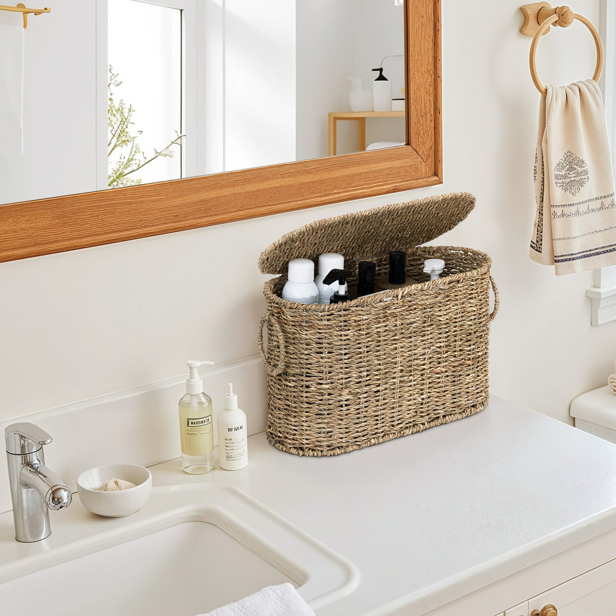 Toilet Paper Storage with Lid for 6 Regular Rolls, Seagrass