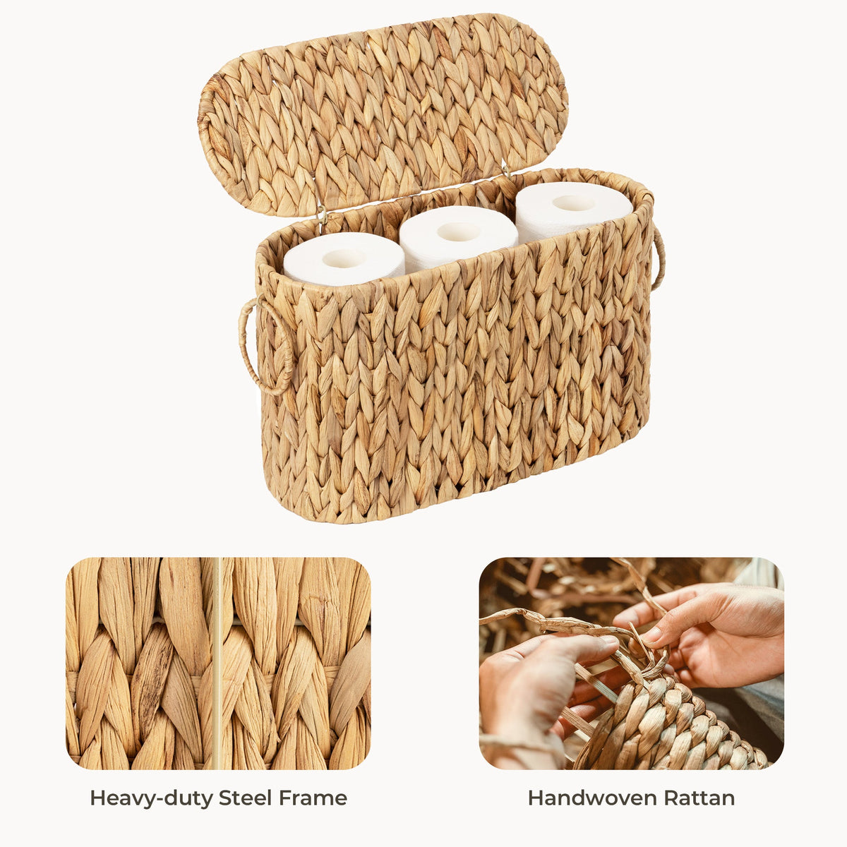 Toilet Paper Storage with Lid for 6 Regular Rolls, Water Hyacinth