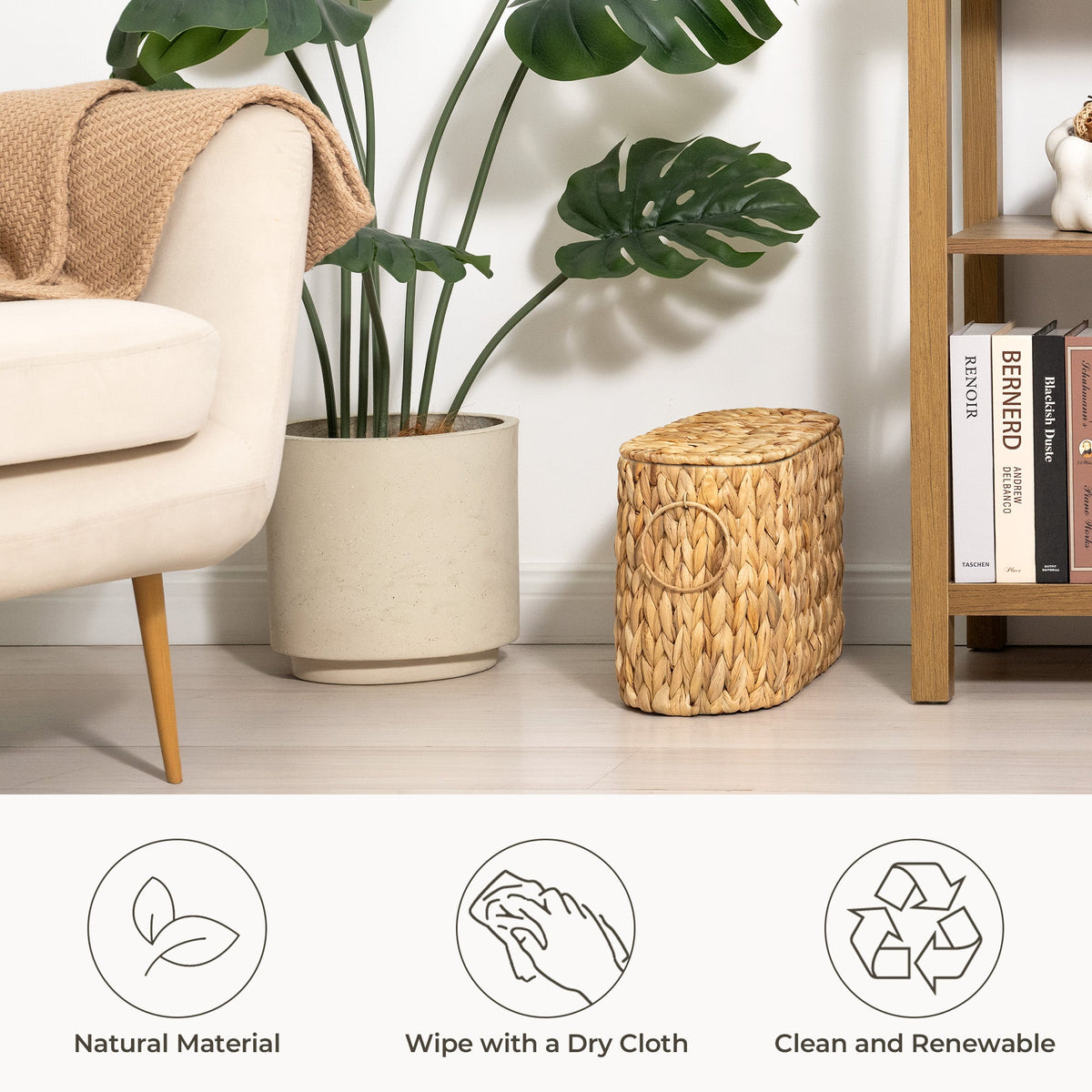 Toilet Paper Storage with Lid for 6 Regular Rolls, Water Hyacinth