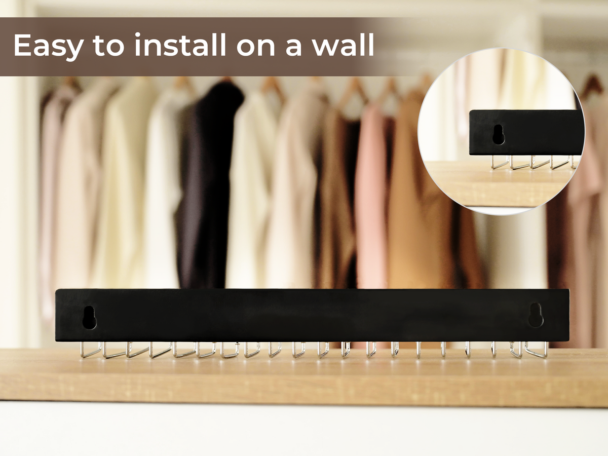 Wooden Tie Rack with Hat Hooks, Wall Mounted, Set of 2