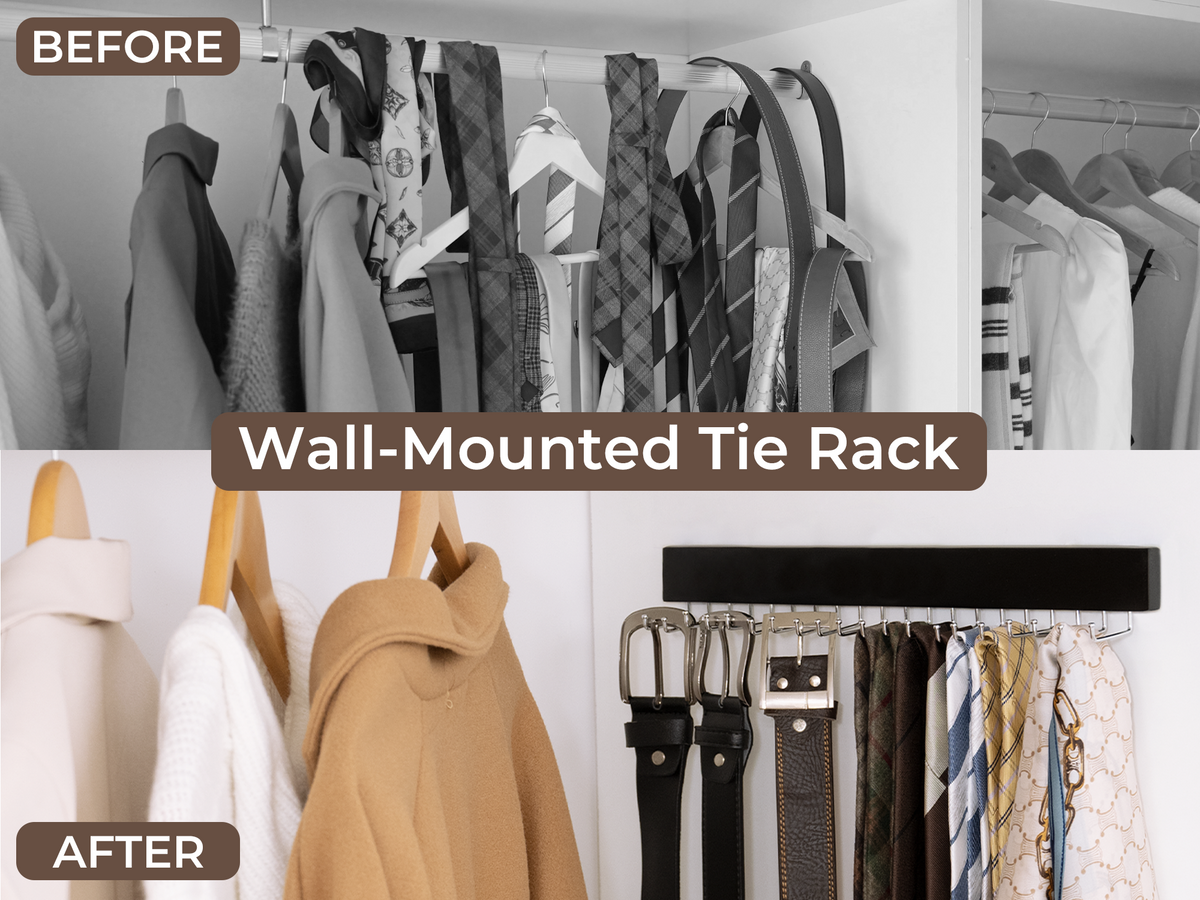 Wooden Tie Rack with Hat Hooks, Wall Mounted, Set of 2