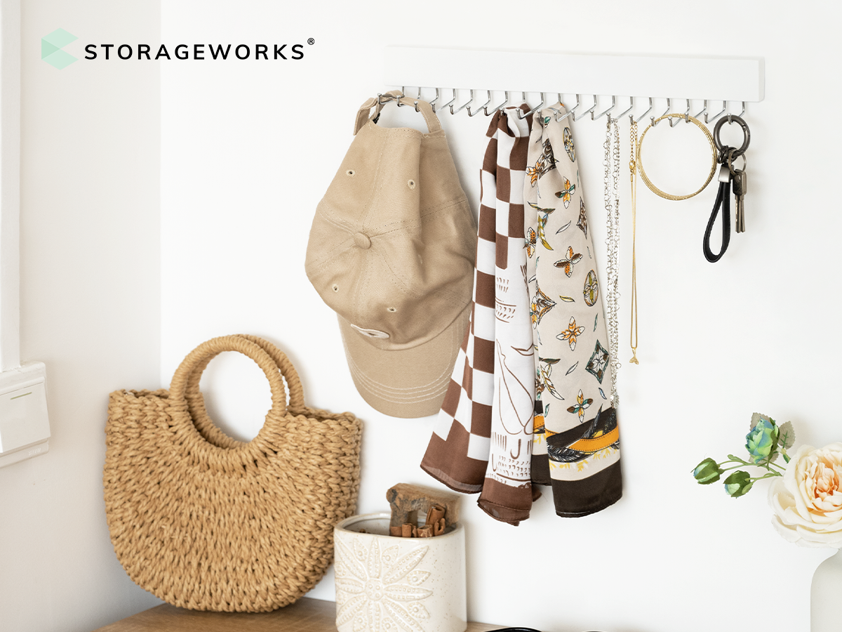 Wooden Tie Rack with Hat Hooks, Wall Mounted, Set of 2
