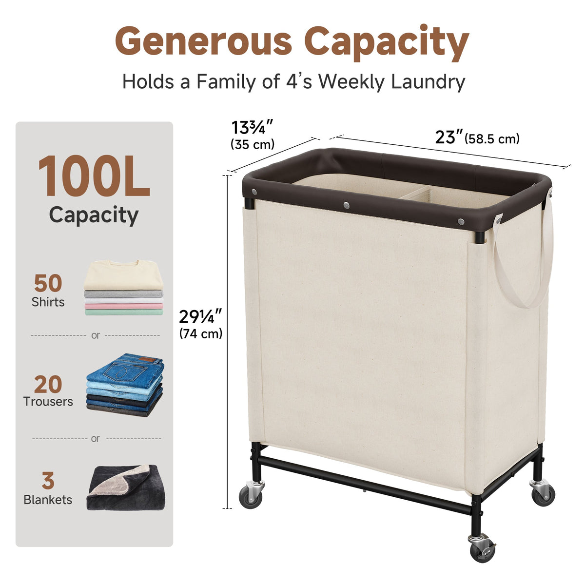 Rolling Laundry Sorter Cart with Removable Liner Bag, 90L-120L