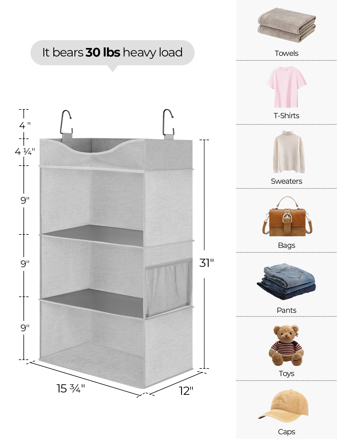 3-Shelf Hanging Closet Organizer with Top Shelf