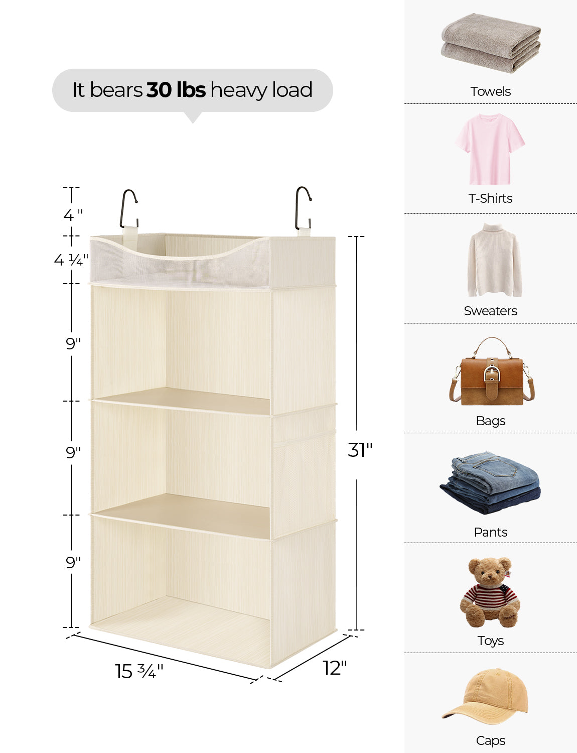 3-Shelf Hanging Closet Organizer with Top Shelf