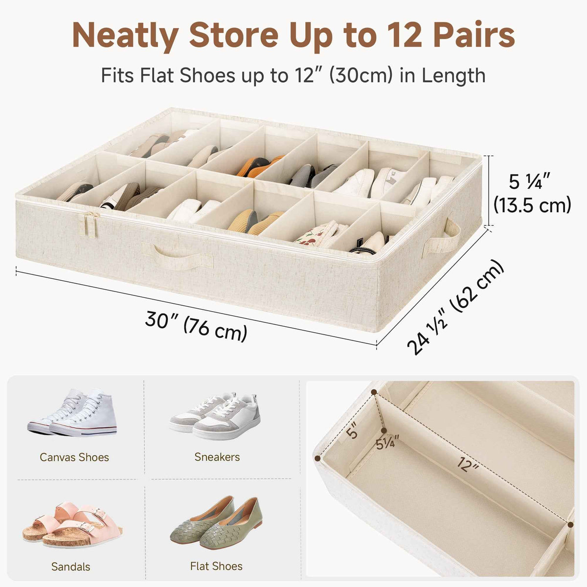 Rustic Linen Under Bed Shoe Organizer, Set of 2