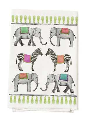 Illustrated Zebra and Elephant Safari Tea Towel