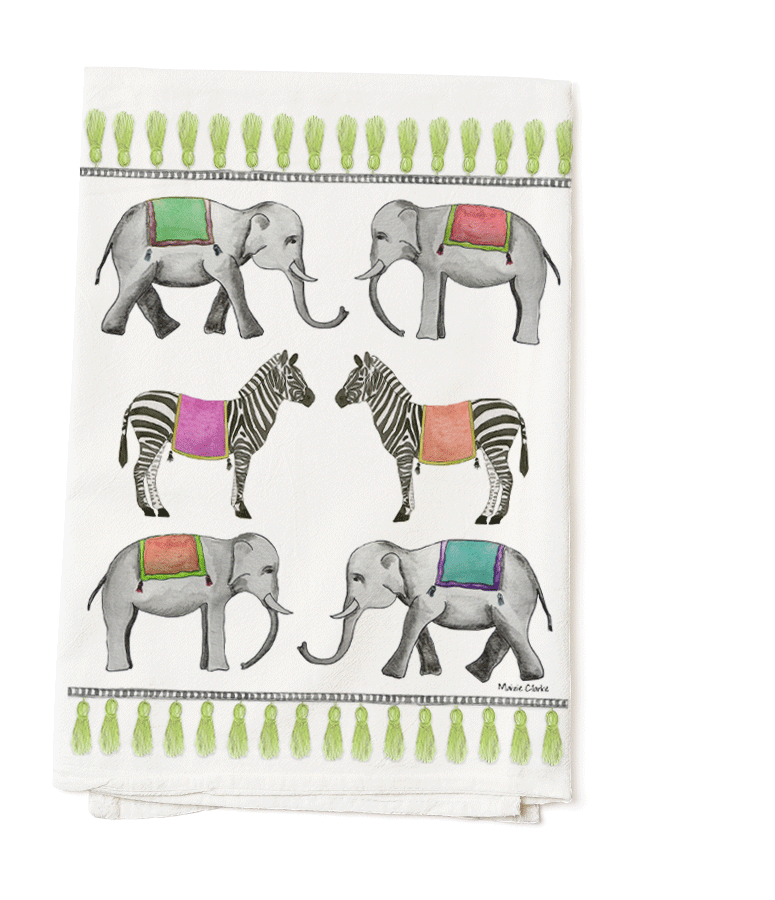 Illustrated Zebra and Elephant Safari Tea Towel